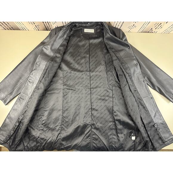 Vintage Jones Wear Sport Black Leather Button Front Long Coat L Classic 90s Y2K - Picture 6 of 12